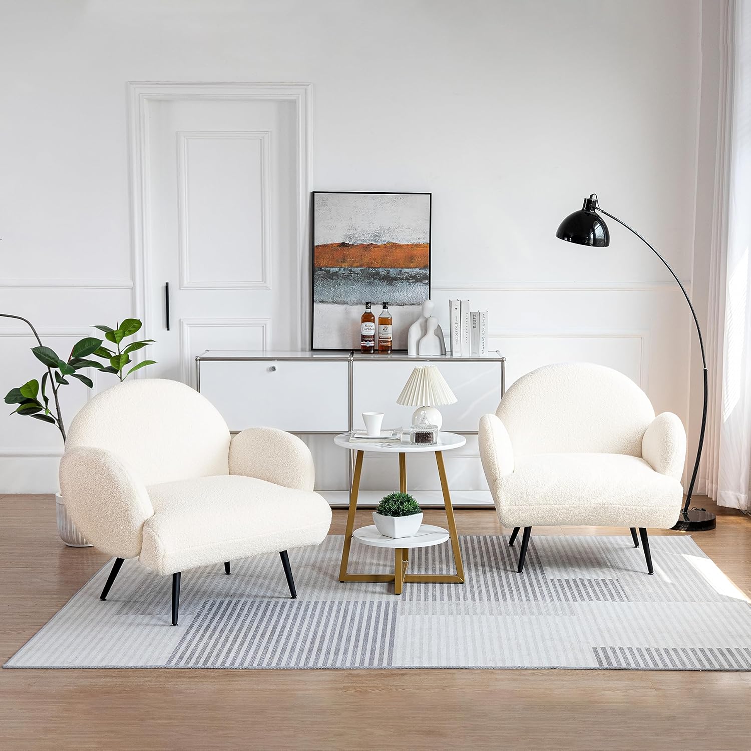 Sessel Moderner Loungesessel Einzel Loungesofa Lounge Sofa Gemütlicher Teddystoff Schwarze Metallbeine Geeignet für Wohnzimmer Schlafzimmer, Weiß