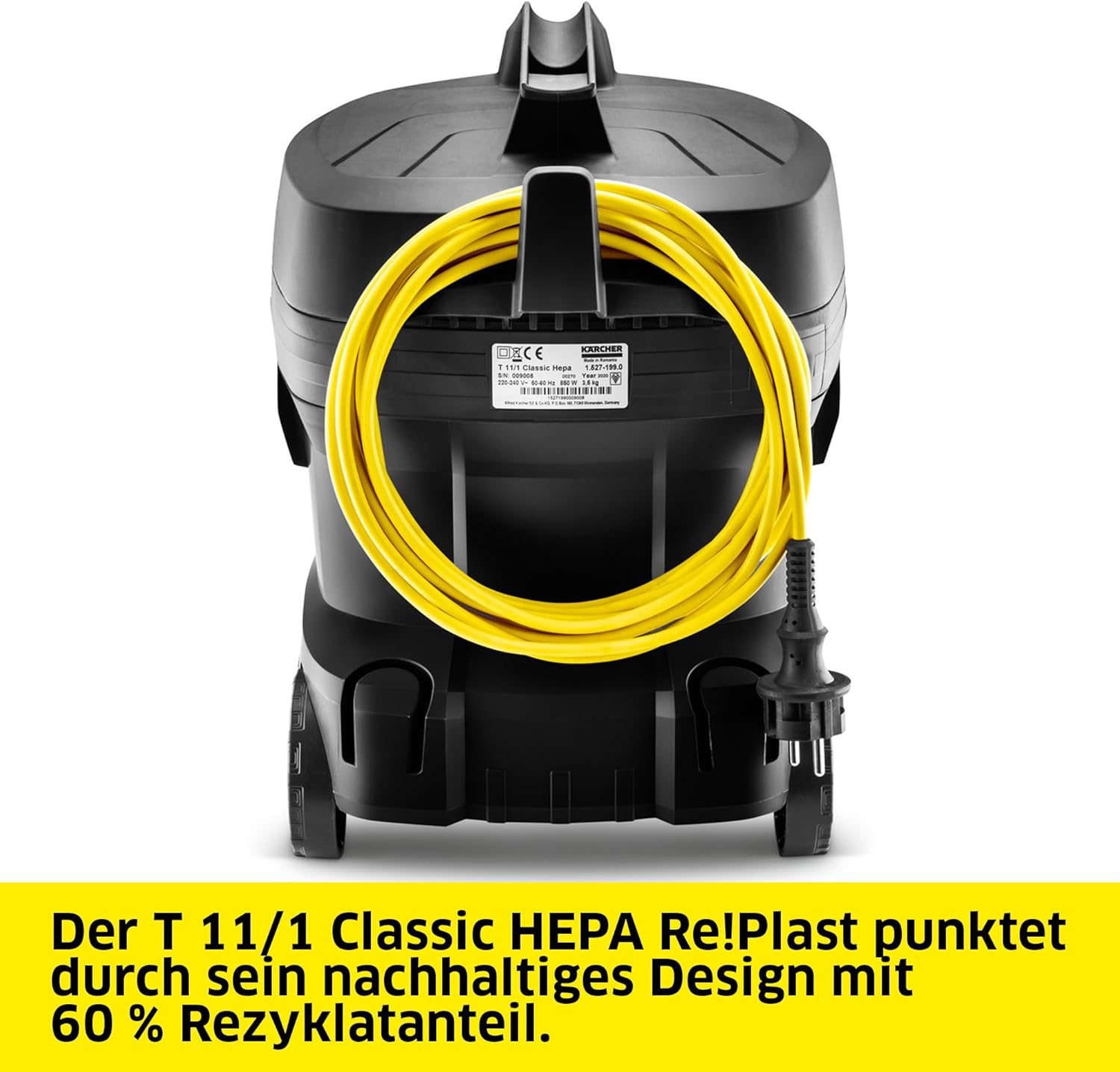 Kärcher Sauger T 11/1 Classic HEPA Re!Plast, leichter Staubsauger, Behälter: 11 l, Leistung: 850 W, Schalldruckpegel: 61 db(A), Gewicht: 4,2 kg, Kabel: 7,5 m, HEPA-14-Filter, Behälter mit Rezyklat