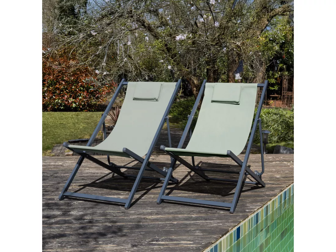 Chaise Longue Pliable Rebecca Mobili Lokta 93x58x92 Polyester Aluminium Vert Gris Foncé