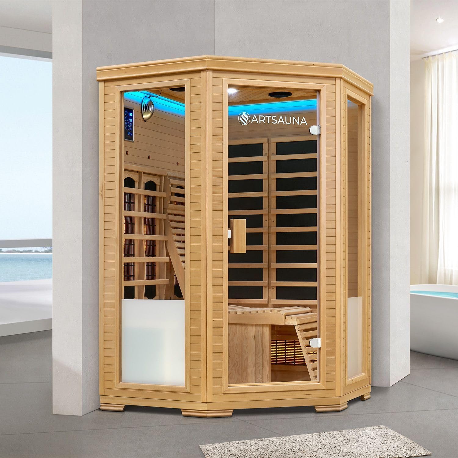 Artsauna Infrarotkabine Aalborg Dual-Technologie - 120x120x190 cm - 2 Personen - mit Relaxliege, Sitzbank, LED Farblicht & Glastür - Hemlock Holz Infrarotsauna