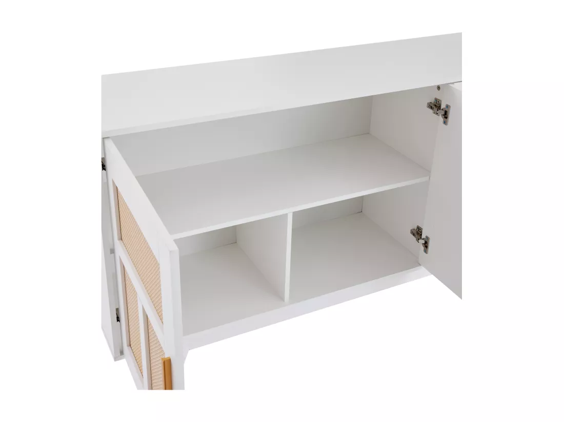 Buffet 160x40x87cm - avec 2 portes en rotin et 3 tiroirs - Blanc