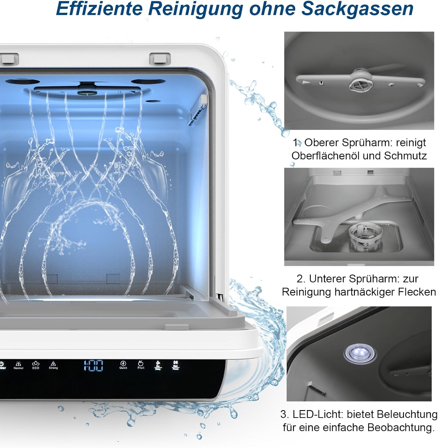 Mini Geschirrspüler für 3 Gedecke, Tischgeschirrspüler mit 7 Programme mit Trocknungsfunktion, mit/ohne Wasseranschluss Benutzbar, Spülmaschine 4.8L, Touch Control für Wohnmobile Wohnungen