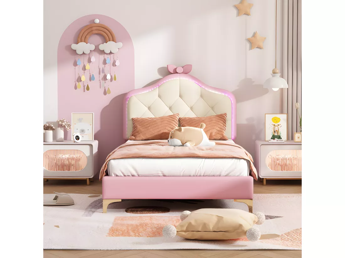Lit enfant capitonné avec LED colorée et nœud sur la tête - en similicuir - 90x200cm - avec sommier à lattes - Rose