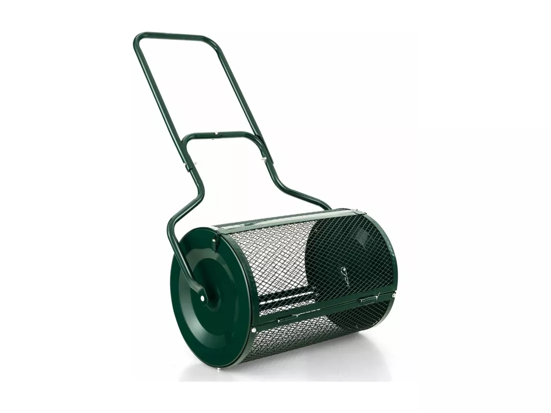 Épandeur à Compost de 60 cm Rouleau en Treillis Métallique, Épandeur de Gazon avec Poignée en Forme de ‘U’ Loquets Latéraux, pour Entretien du Jardin et Pelouse Vert