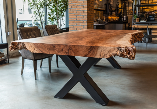 Table à manger en bois massif avec piètement métallique noir en X - Style industriel moderne