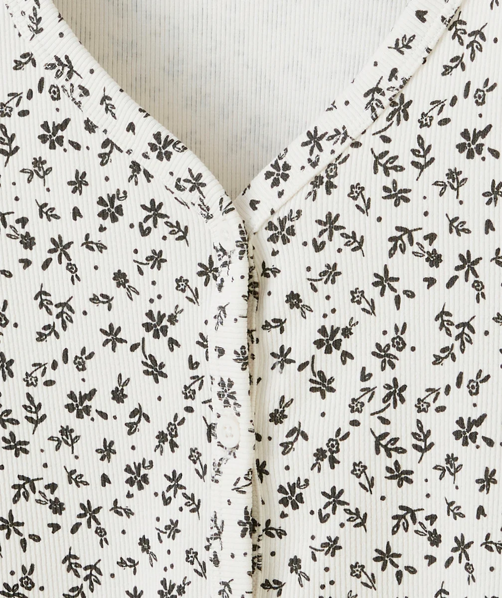 T-SHIRT MANCHES LONGUES FILLE EN COTON BIO ÉCRU BOUTONNÉ AVEC IMPRIMÉ FLEURI