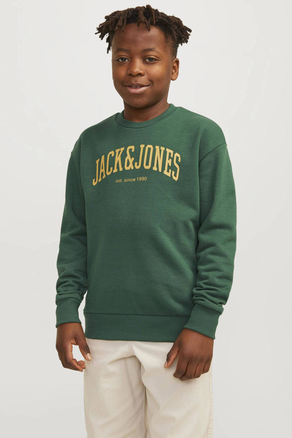 JACK & JONES sweater JJEJOSHmet tekst donkergroen/geel