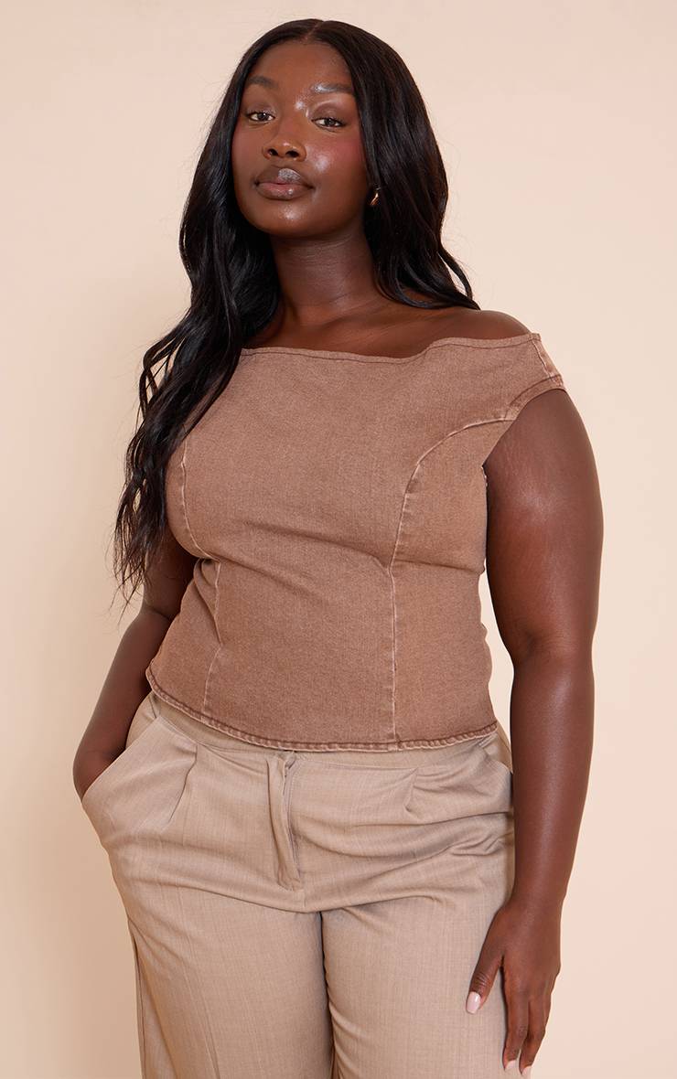 Marron Haut En Denim Stretch Épaules Dénudées Grande Taille