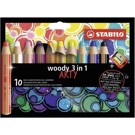 Buntstift, Wasserfarbe & Wachsmalkreide - STABILO woody 3 in 1 - ARTY - 10er Pack - mit 10 verschiedenen Farben und Spitzer