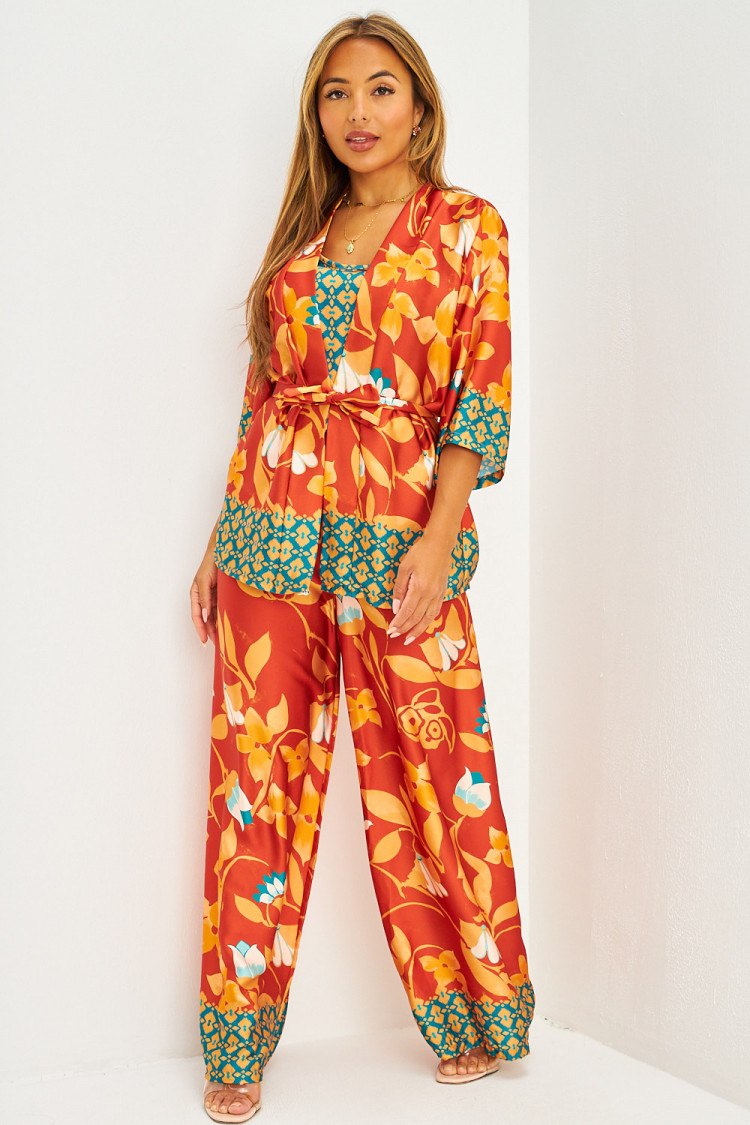 Ensemble satiné 3 pièces top + kimono + pantalon fluide à motifs méditéranéens cuivre et orange