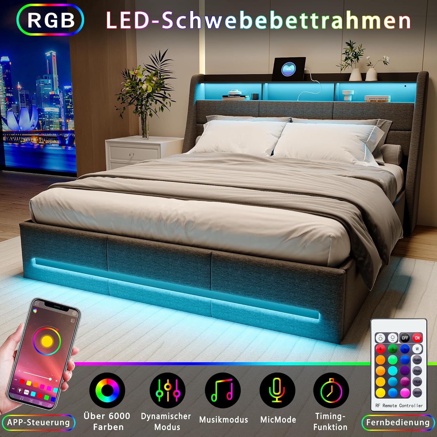 Polsterbett 140x200 cm mit LED-Kopfteil, Doppelbett mit USB und Lattenrost, Hydraulischem Stauraum und Metallrahmen, Jugendbett, Leinenstoff Grau (Ohne Matratze)