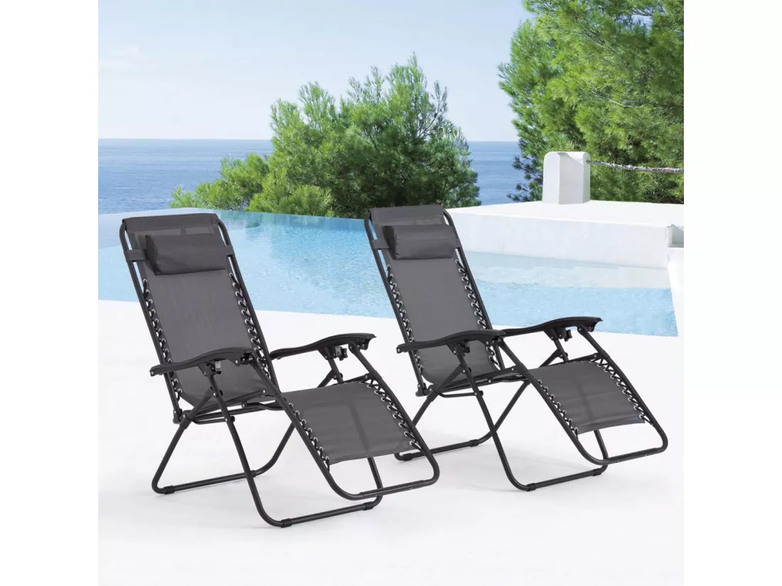 Lot de 2 transats de jardin inclinable noir/gris MANIHI