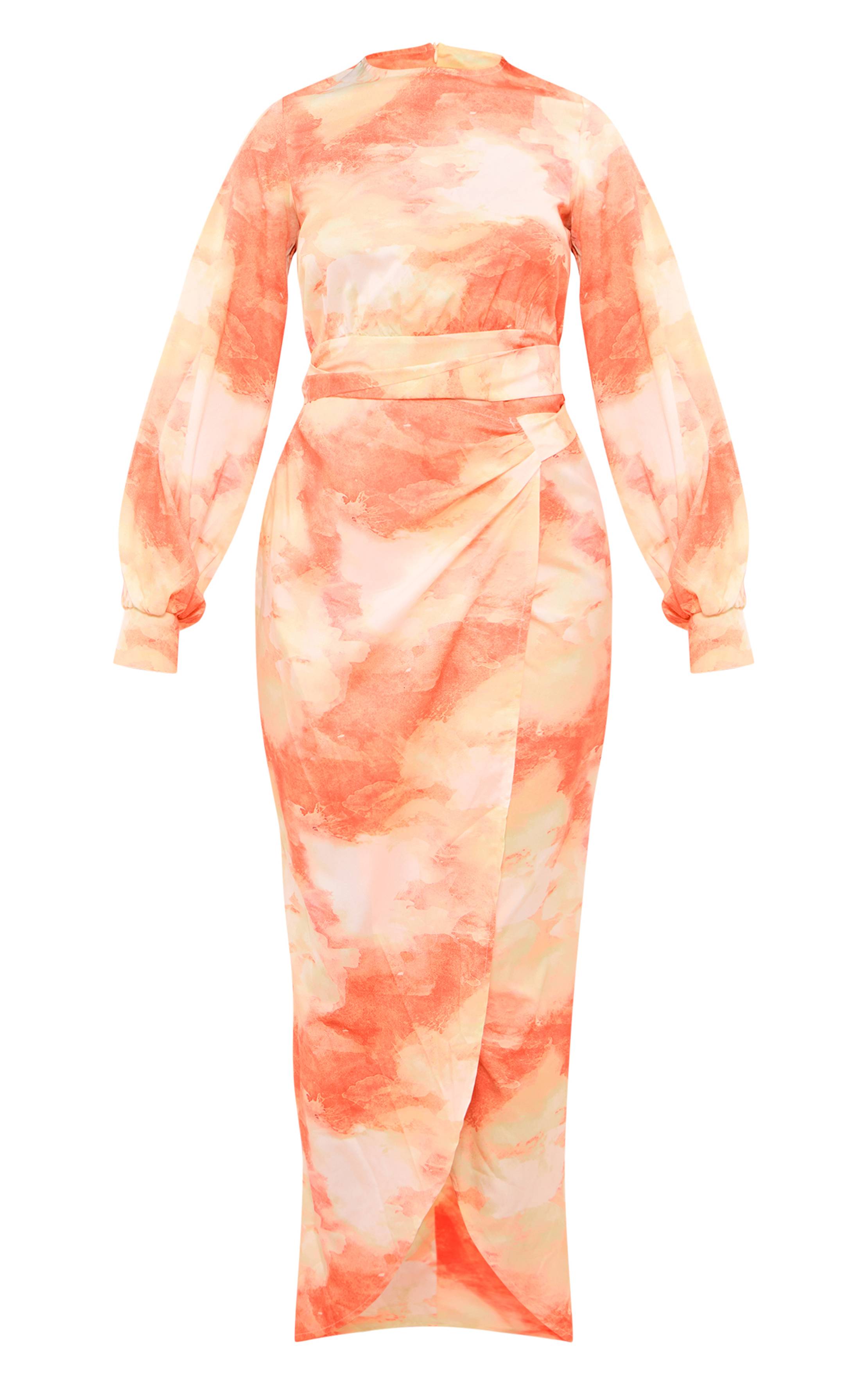 Orange Robe Maxi Portefeuille À Imprimé Aquarelle Avec Lien À Pompons