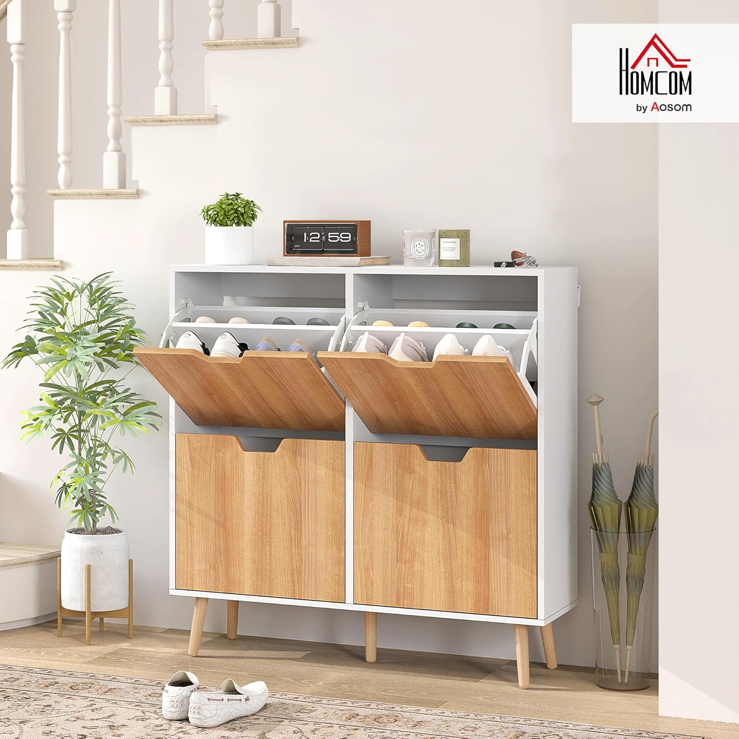 HOMCOM Meuble à Chaussures 4 abattants, Armoire à Chaussures 16 Paires, avec étagère réglable, Pieds en Bois, Rangement Chaussure, Grande capacité pour Couloir, entrée, 95 x 26 x 95 cm, Blanc EV3077500