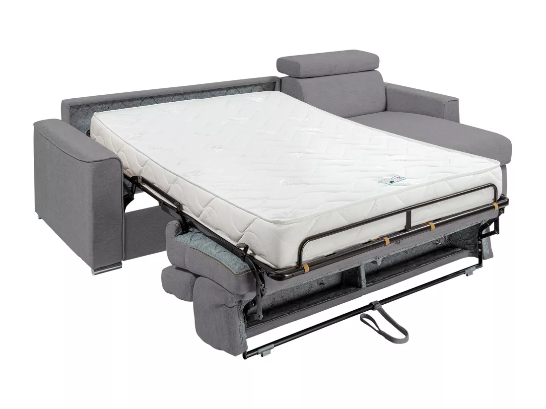 Canapé d'angle réversible convertible express en tissu gris - Couchage à lattes larges 140 cm - Matelas 18 cm - VIZIR