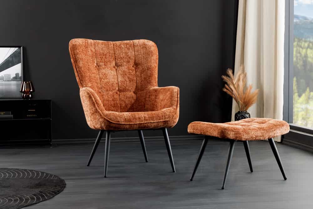 Design Sessel SCANDINAVIA rost braun Chenille Cremona schwarz Metall mit Armlehne