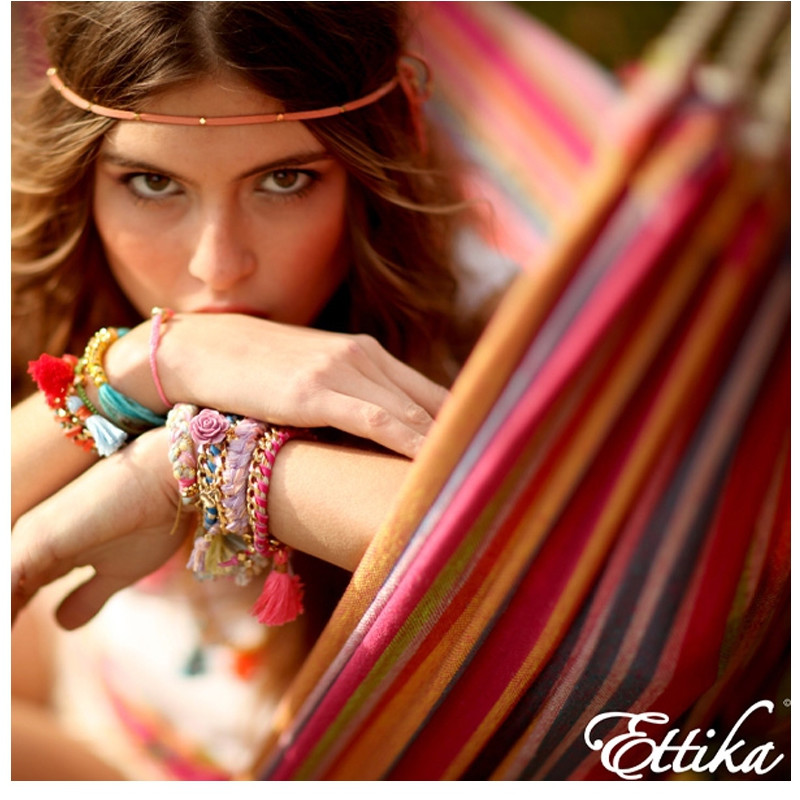Ettika - Bracelet Pyramide en Or Jaune et Coton Rubans Tressés Violets