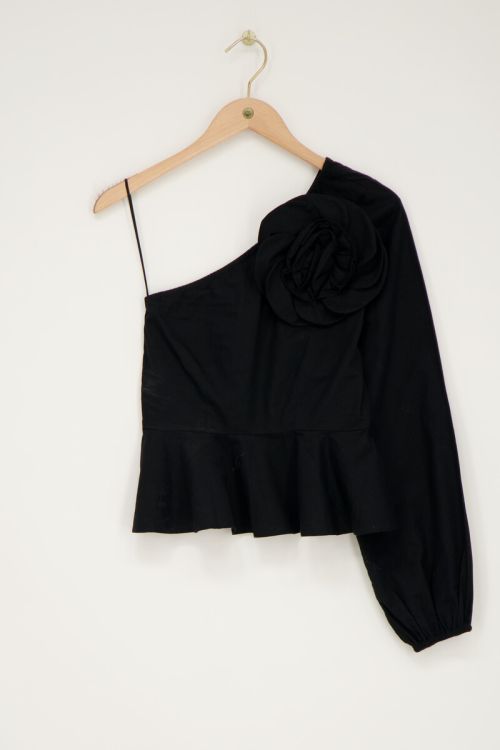 Zwarte one-shoulder top met bloem