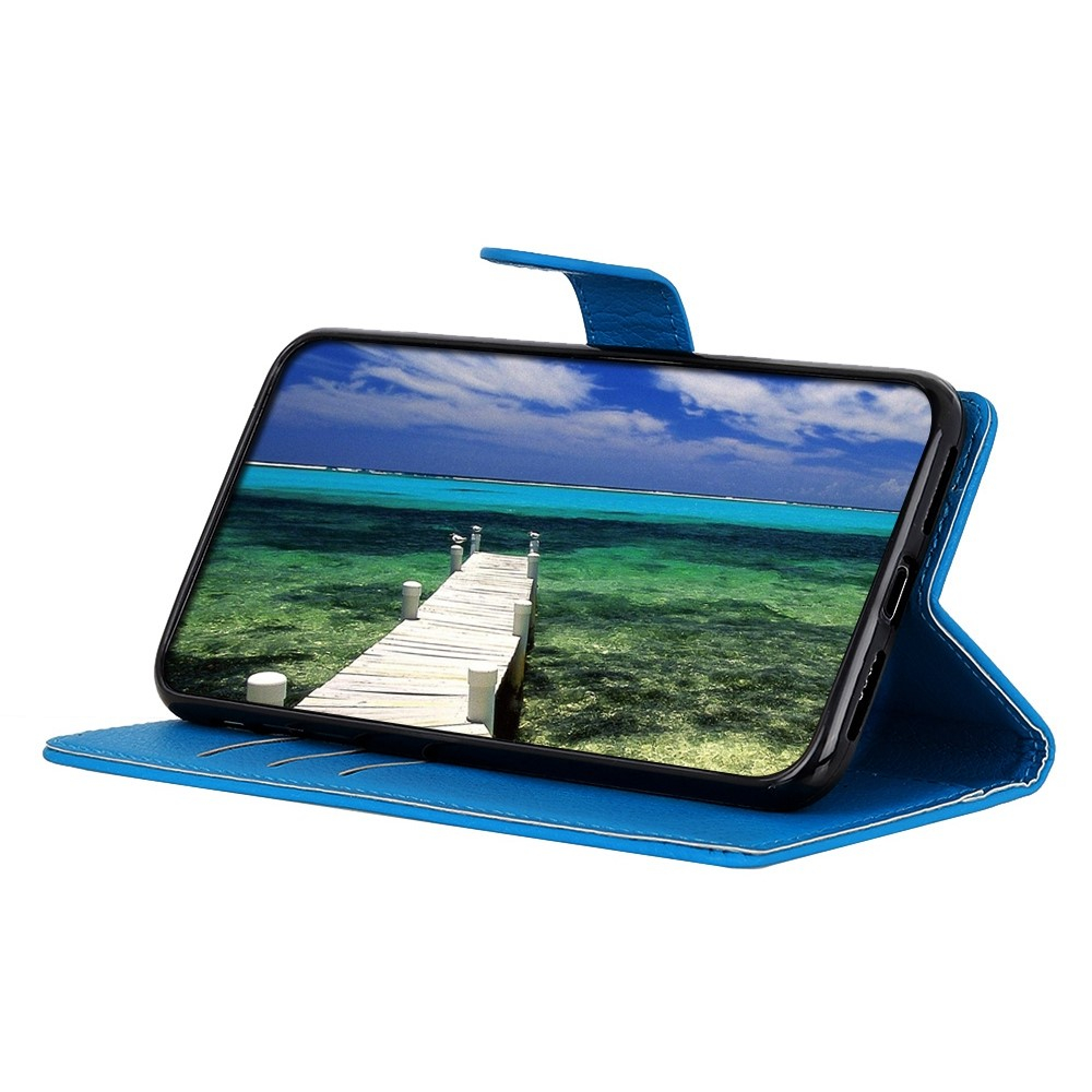 iPhone 16 Leder Tasche Flip Cover Litchi Look - Blau