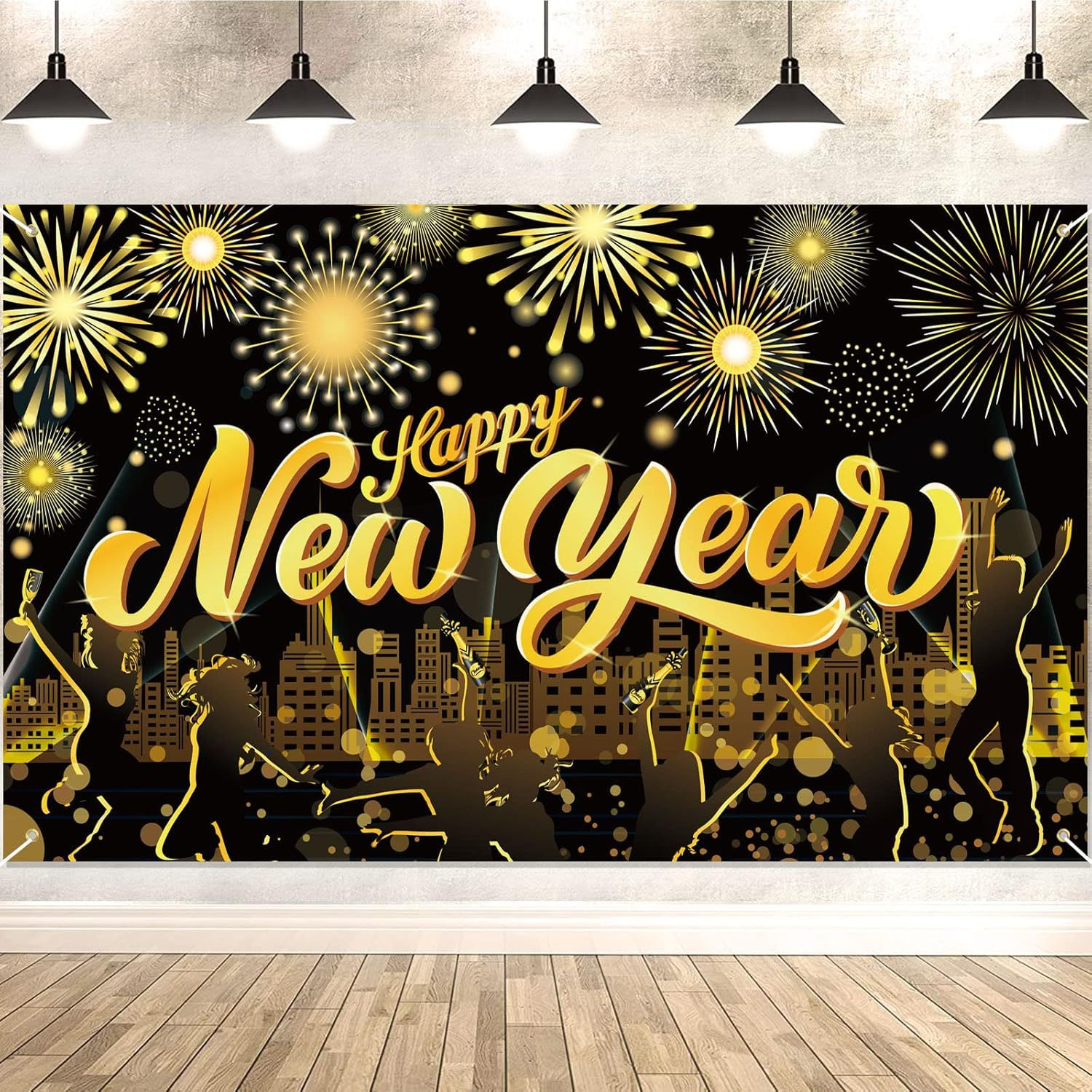 (180x110cm) Happy New Year Wand Banner Silvester Party Deko Hintergrund Foto Requisite - Gold / Schwarz