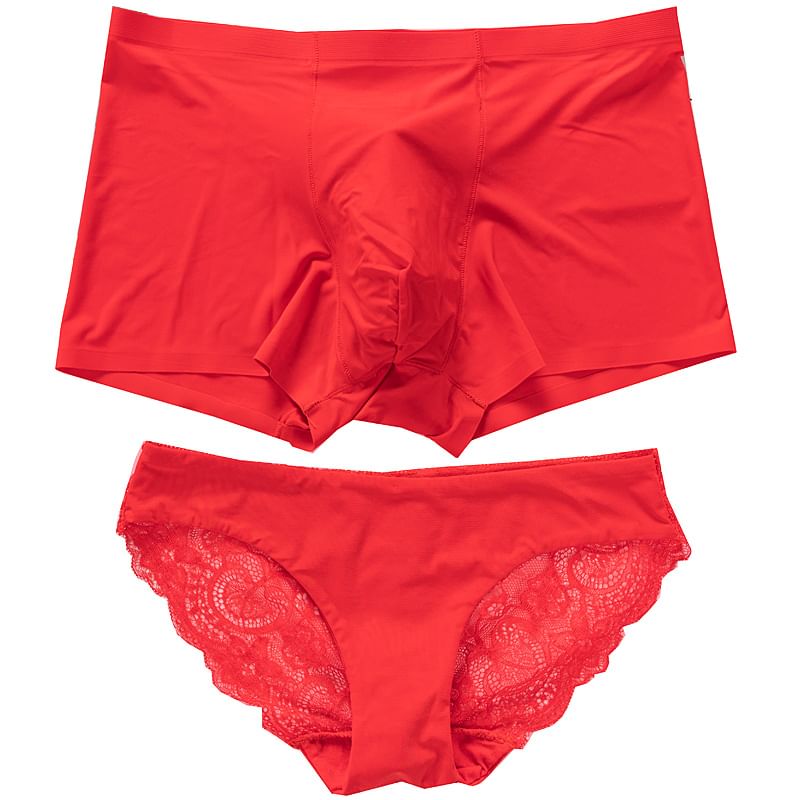 Pancherry - Matching set voor koppels: effen boxershort + slip met kanten paneel