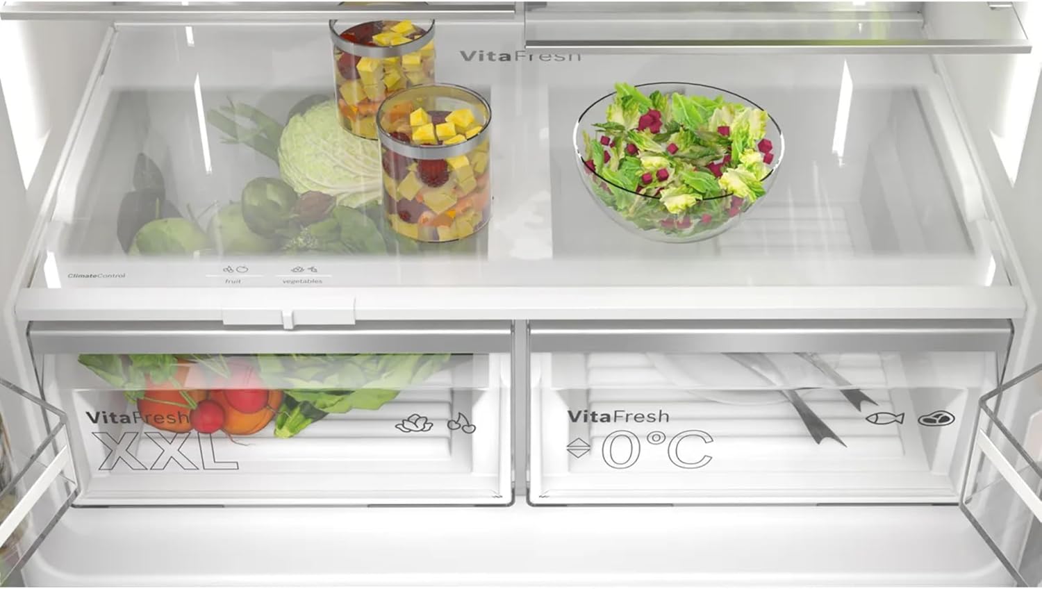 Bosch KFD96APEA, Serie 6, Smarter XXL-French Door Kühlschrank, 183 x 90,5 cm, 375 L Kühlen & 199 L Gefrieren, NoFrost, Eis- und Wasserspender, VitaFresh für längere Frische, Gebürsteter Stahl