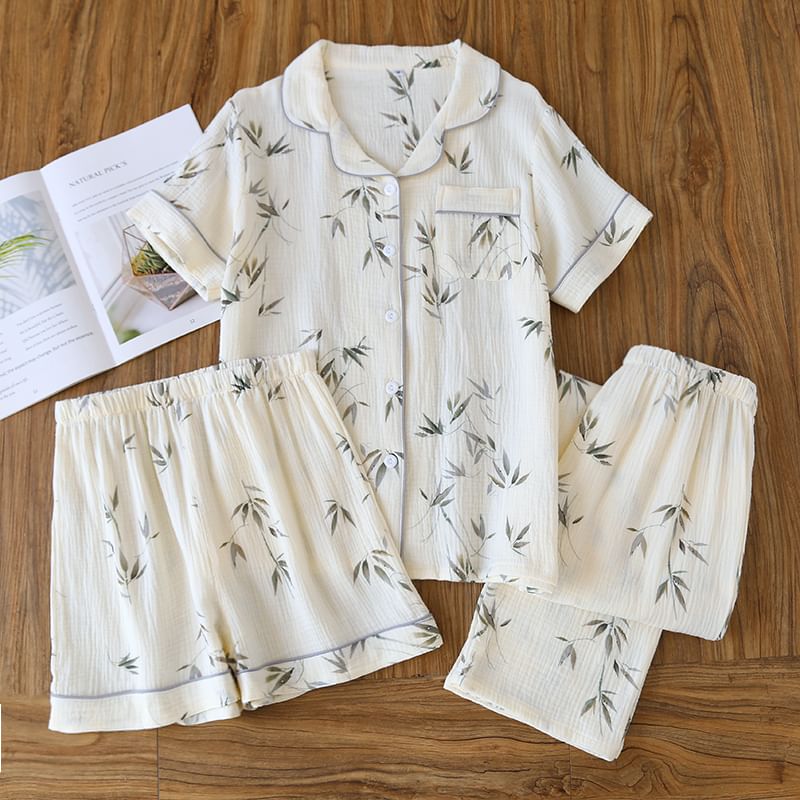 Dogini - Pyjamaset: overhemd met korte mouwen en bladprint + korte broek + broek