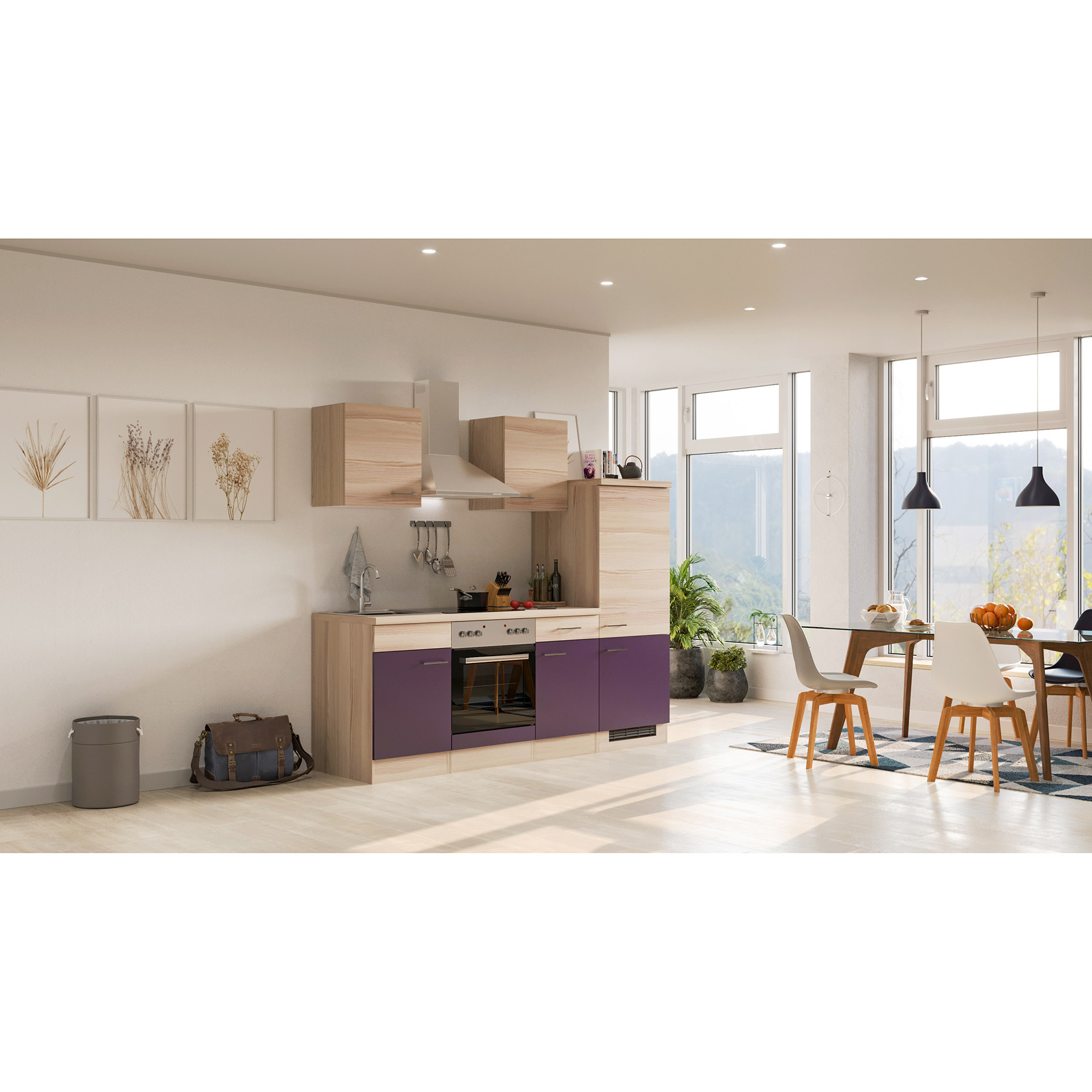 Küchenblock FOCUS - Akazie - aubergine - mit E-Geräten - 220 cm