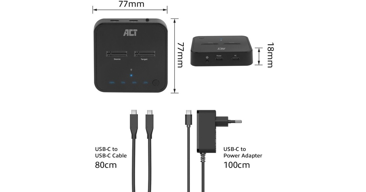 ACT ConnectivityM.2 NVMe/PCIe dual SSD docking clone station, USB-C 3.2 Gen2 dockingstation  (Zwart)