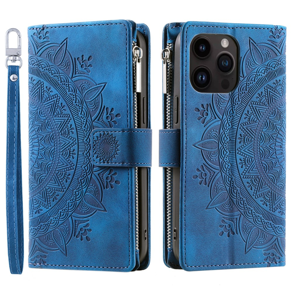 iPhone 16 Pro Leder Tasche Flip Cover mit Reissverschluss - Mandala Flowers Imprint - Blau