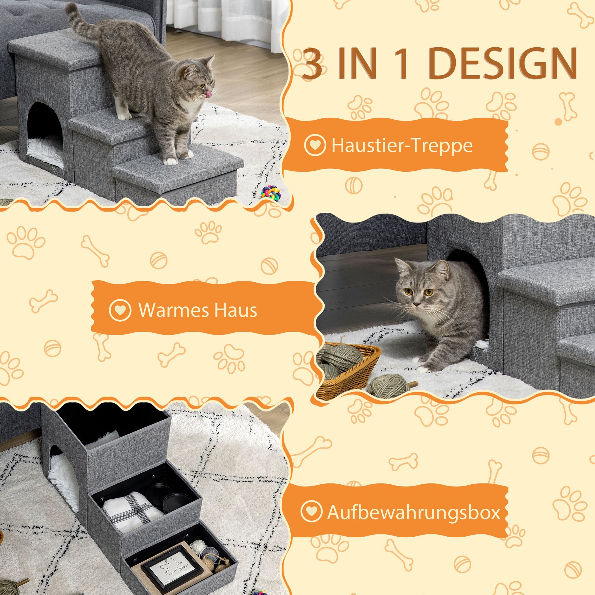 PawHut Hundetreppe mit einem Plüschkissen grau 73,5L x 33B x 40,5H cm