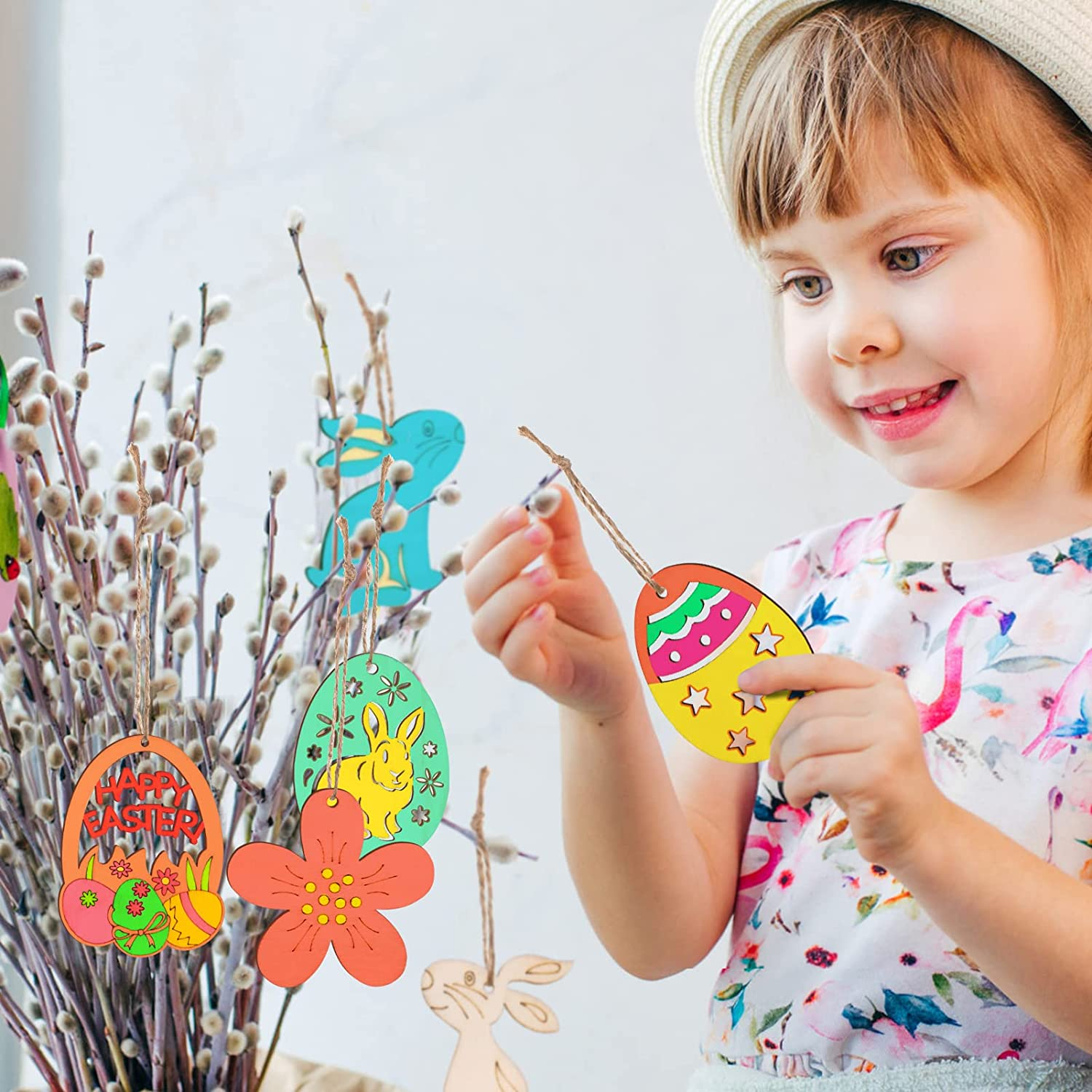 (20er Set) DIY Oster Geschenk Anhänger Bastel Home Deko Hase / Blume / Osterei Holzscheiben   Packschnur - Braun