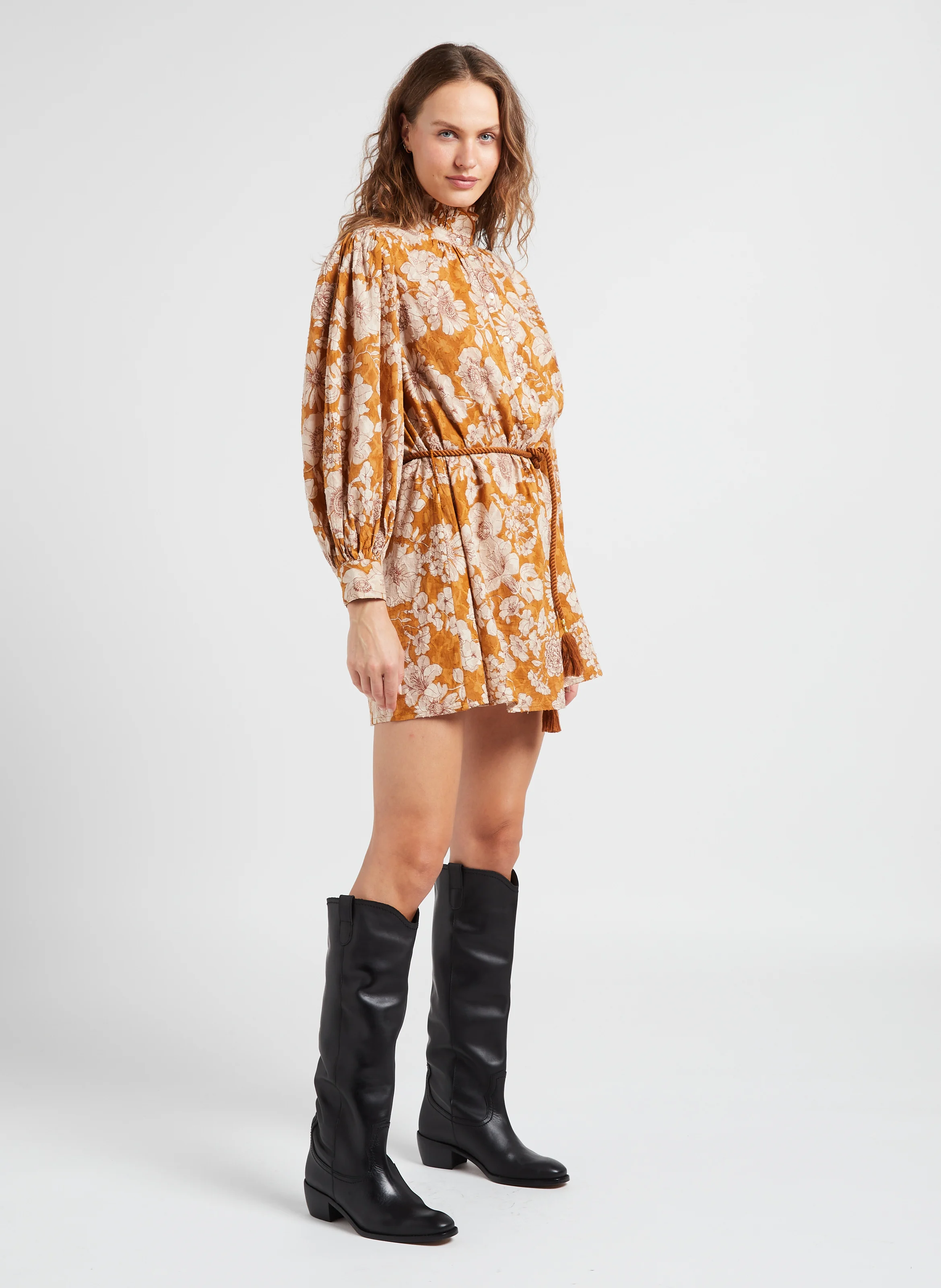 LEONIE - Robe courte col montant imprimée en coton| Beige