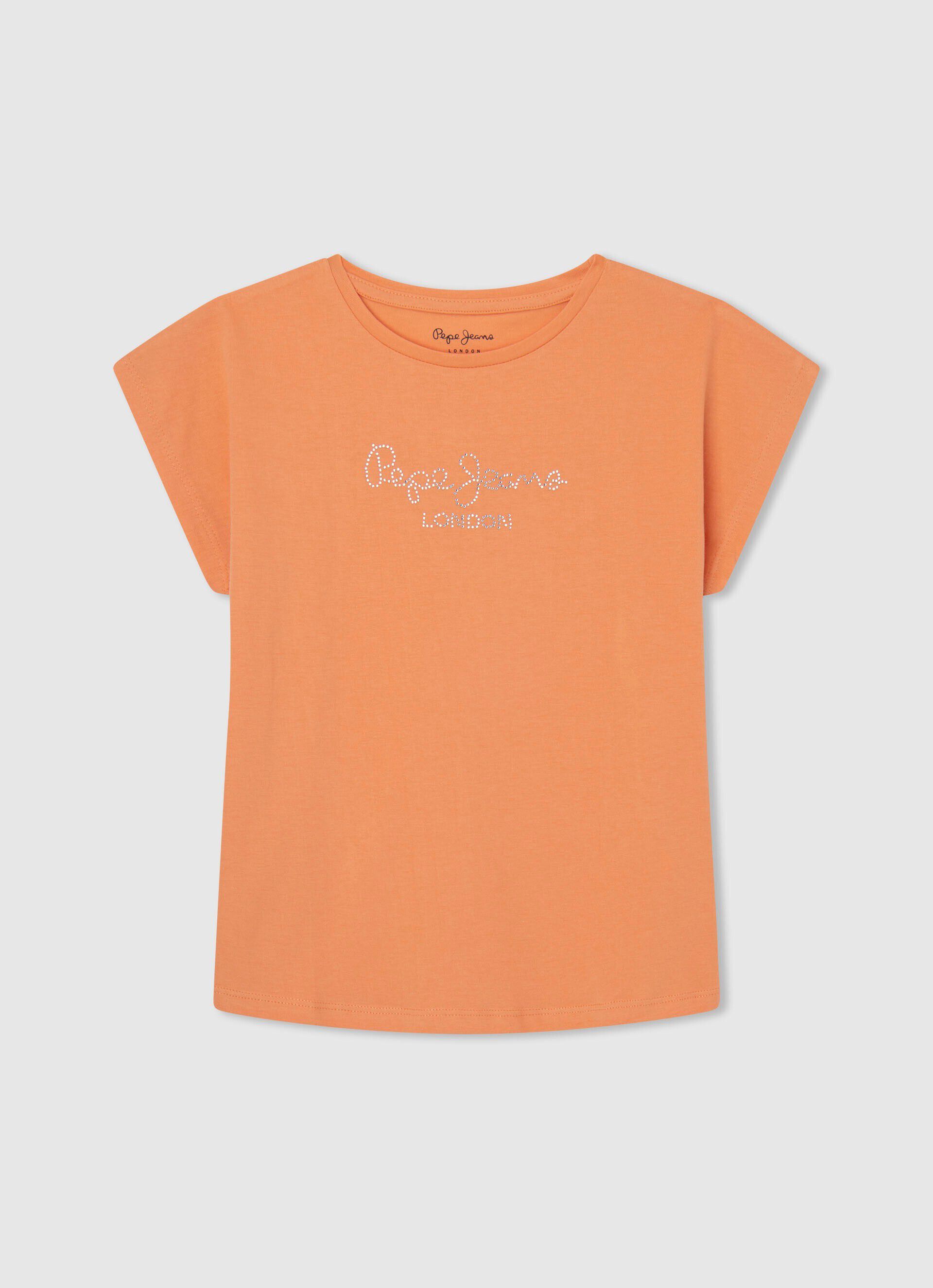 Camiseta de algodão com logo de strass - pêssego e laranja