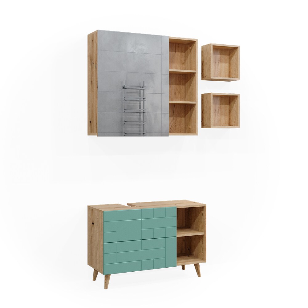 Vicco Badmöbel-Set Rudi in Eiche Evoke Mintgrün, Badezimmer, moderne Badserie Waschbeckenunterschrank Spiegelschrank Wandregal