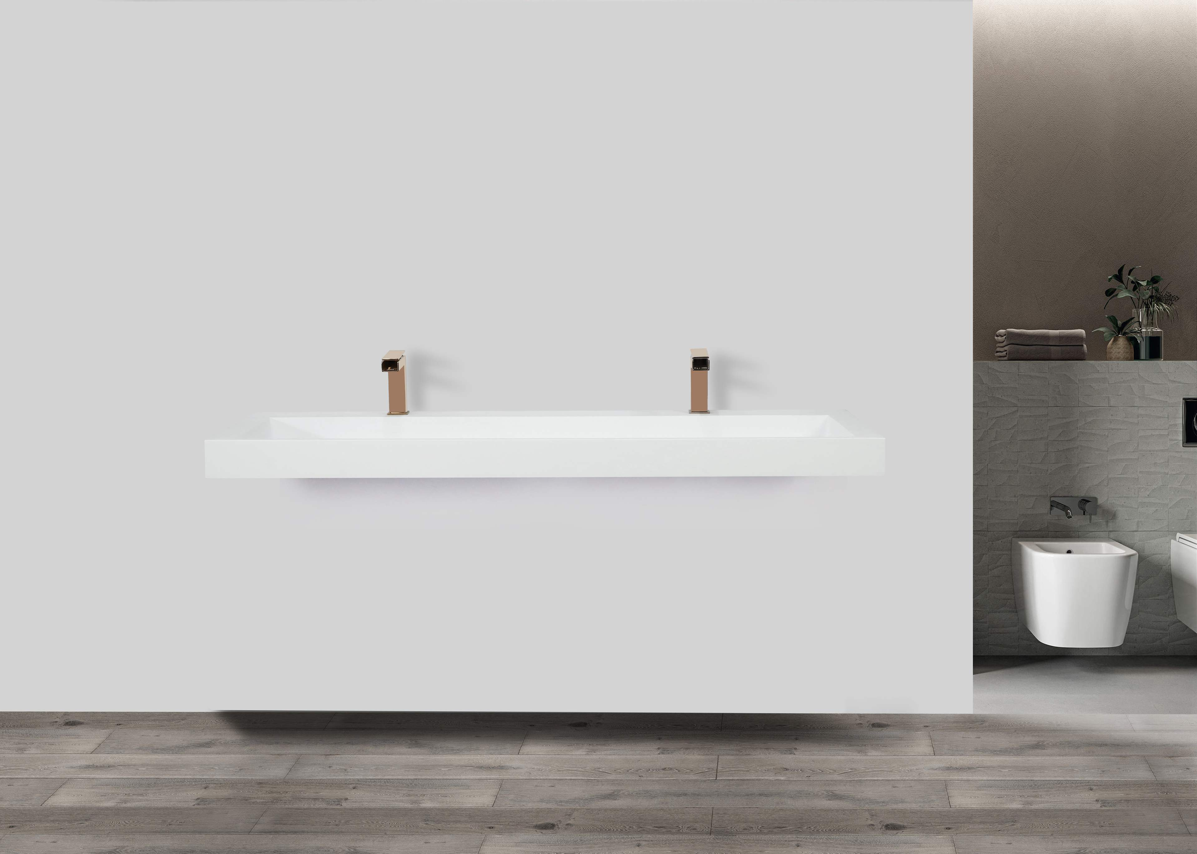 Saniclear Hoya solid surface wastafel 140x45,5cm met 2 kraangaten mat wit