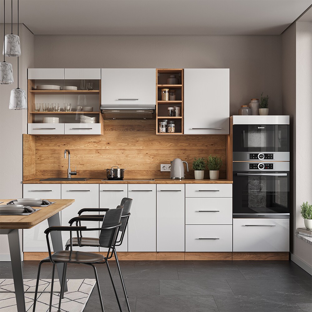 Vicco Küchenzeile Küchenblock Einbauküche Fame-Line Eiche Weiß 280 cm modern Spülenunterschrank Unterschrank Schubunterschrank Hängeschrank Mikrowellenschrank Apothekerunterschrank