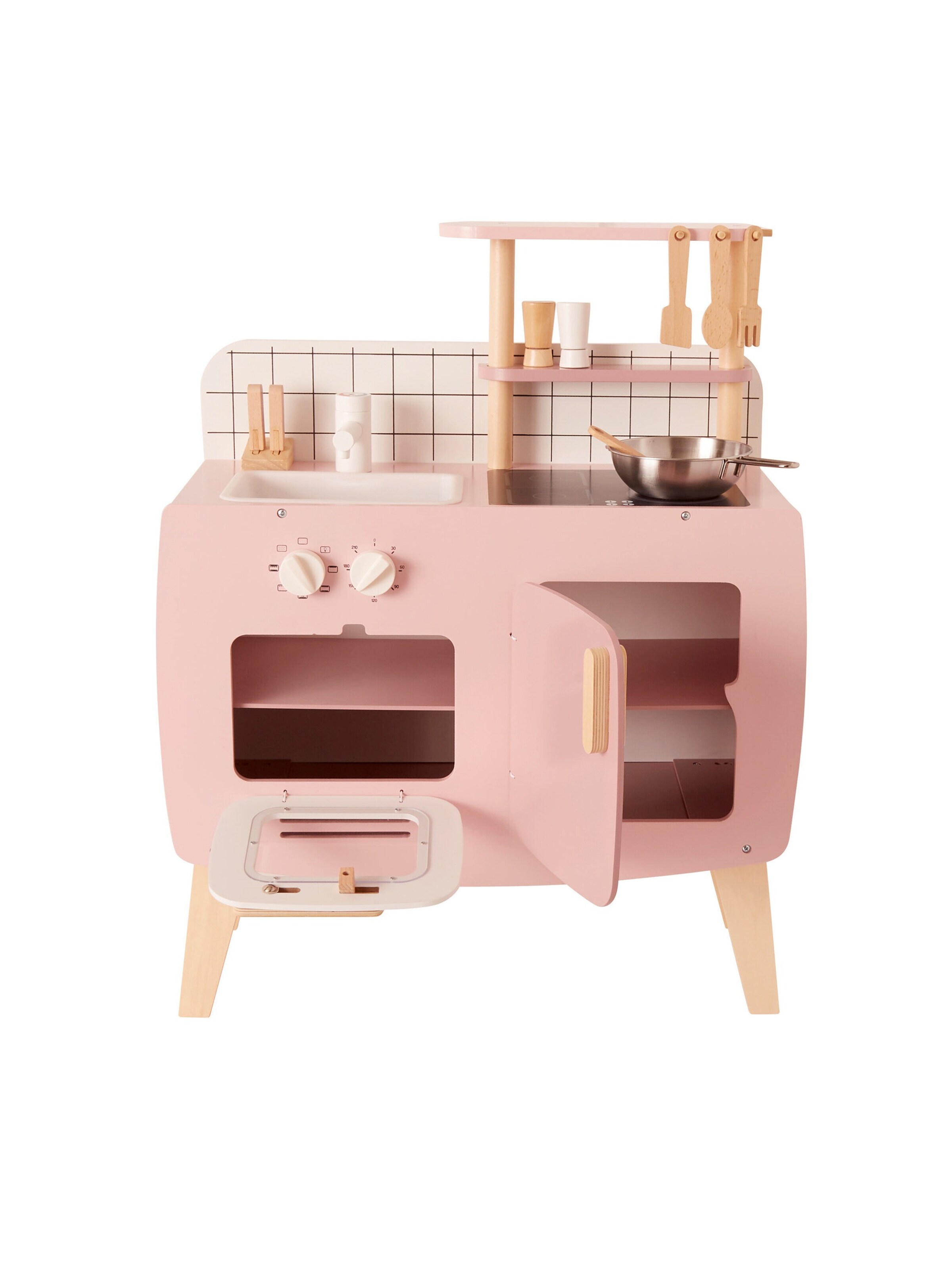 Vertbaudet Retro-Spielküche, Küche aus Holz FSC® rosa/natur