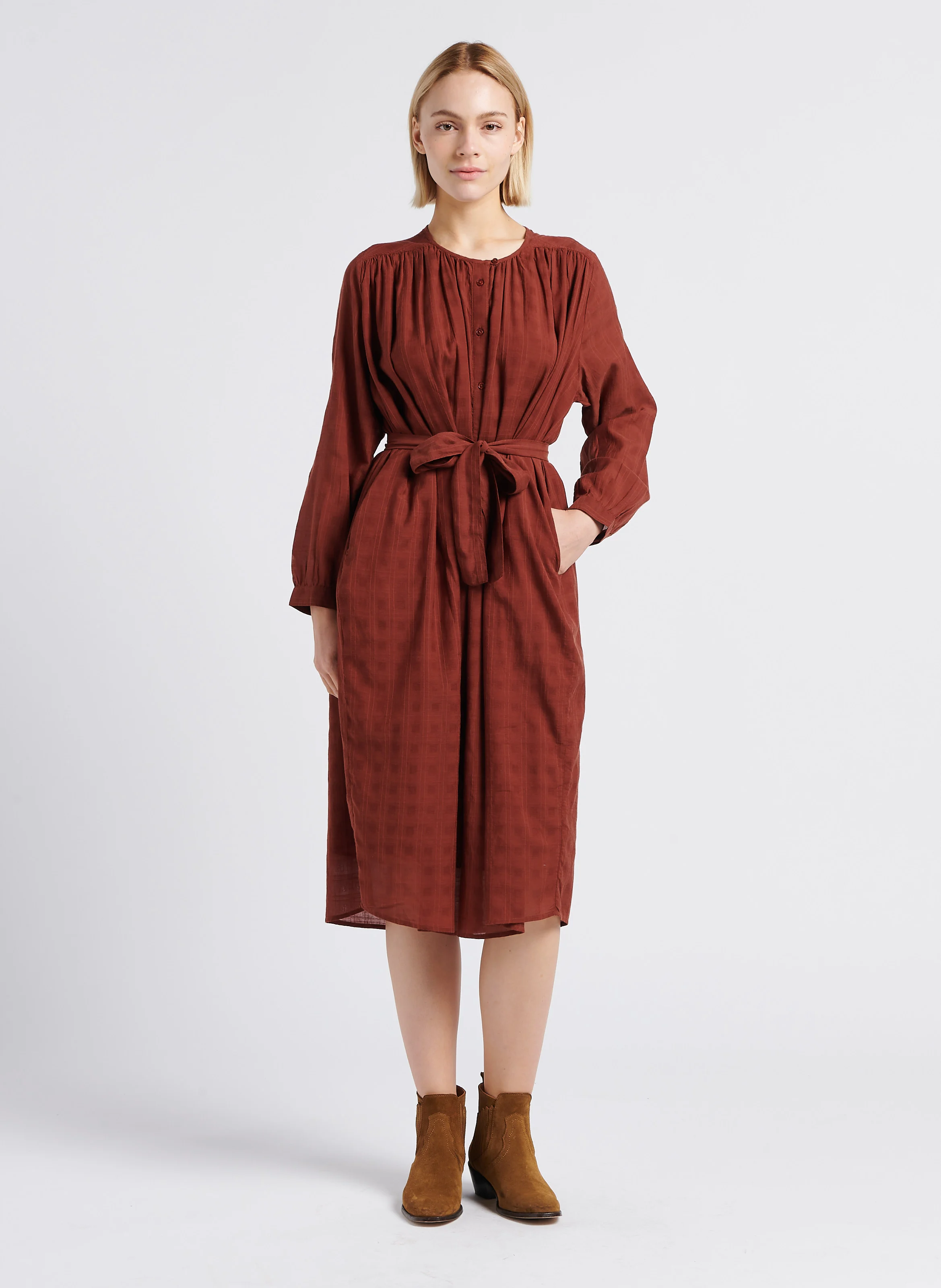 HANOVRE - Robe mi-longue col rond en coton mélangé | Marron