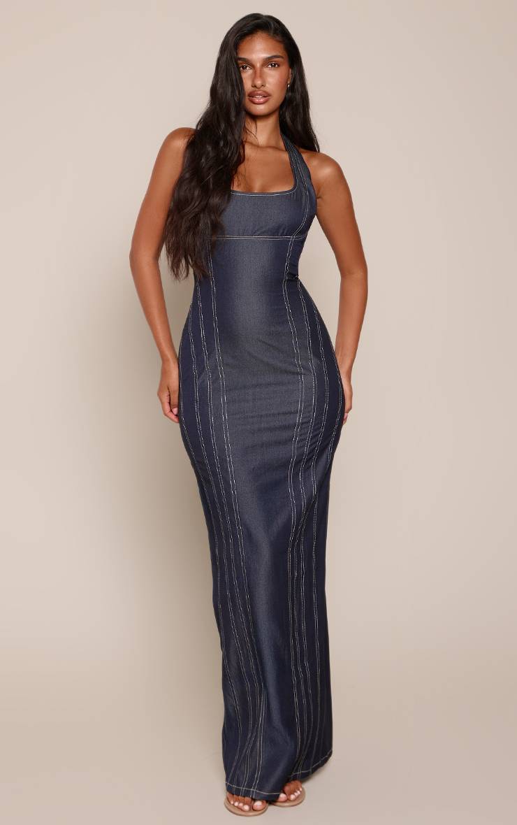 Bleu Marine Robe Longue Moulante À Col Licou Avec Détails De Coutures Contrastées