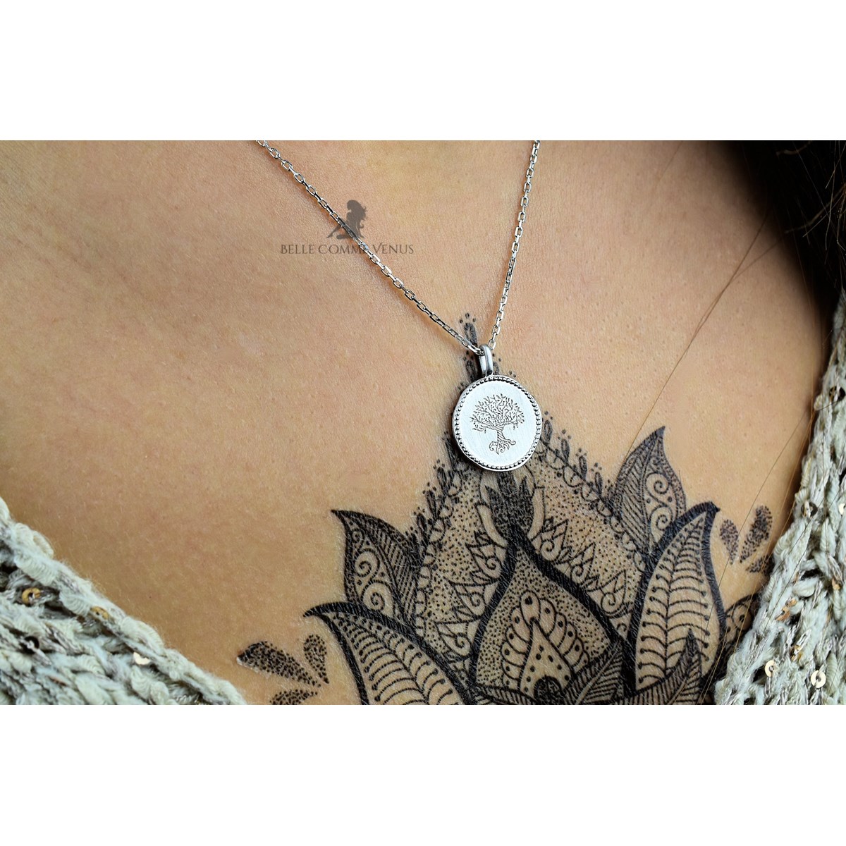 Collier pendentif arbre de vie médaille ronde Argent 925 Rhodié