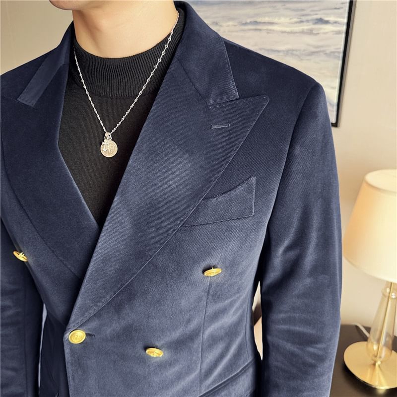 Lefitt - Set: Peak Lapel Plain Double-Breasted Blazer + High Waist Cropped Tapered Pants