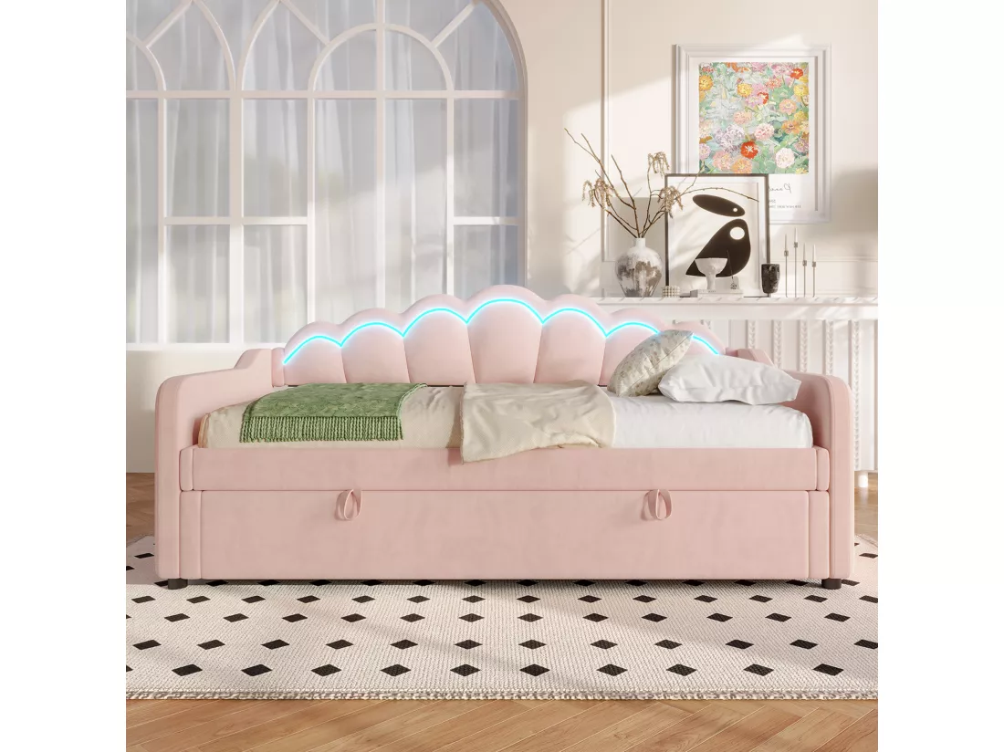 Canapé-lit coffre 90x200cm - Lumière LED changeante de couleur - Velours - rose (sans matelas)