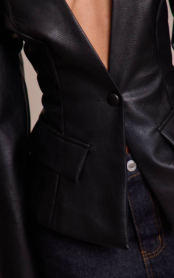 Noir Blazer Petite Aspect Cuir Taille Cintrée