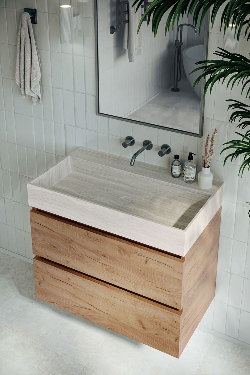 Fontana White Travertin badkamermeubel warm eiken 80cm zonder kraangat