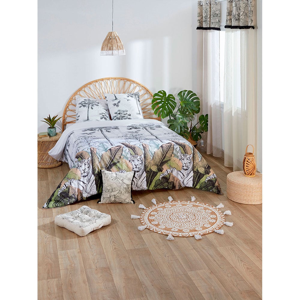 Tapis rond à franges jute naturel motif rosace blanc