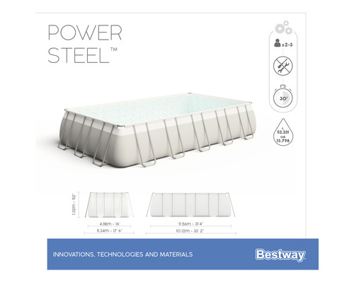 Bovengronds zwembadframe zwembadset Bestway Power Steel™ rechthoekig 956x488x132 cm incl. zandfiltersysteem grijs