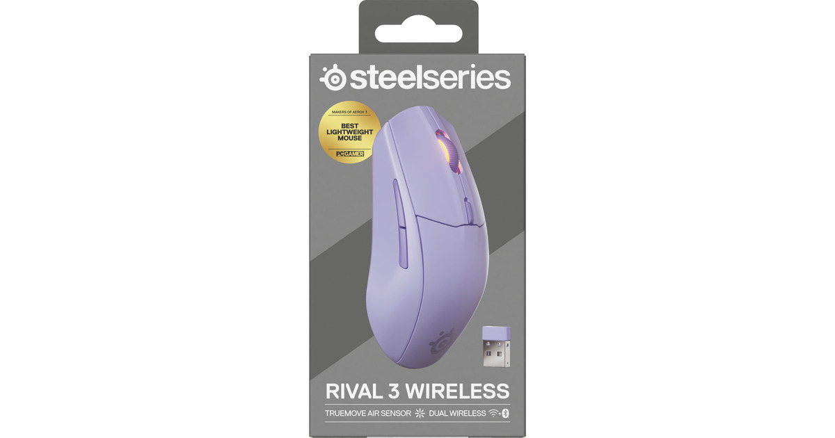 SteelSeriesRival 3 Wireless Gen 2 gaming muis  (Lavendel, 18.000 dpi, RGB, 2.4GHz / Bluetooth 5.0)