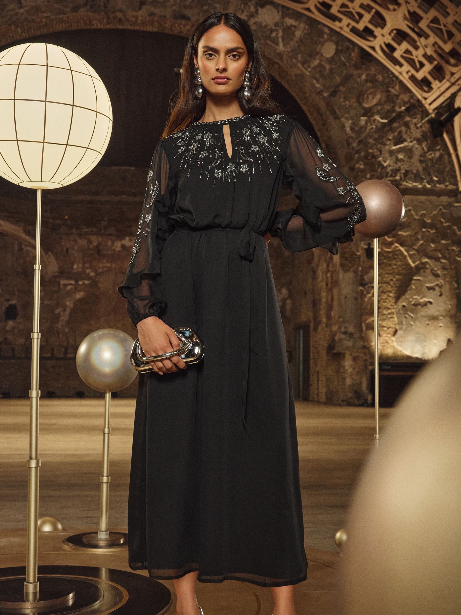 Love & Roses Embellished Long Sleeve Midi Dress
