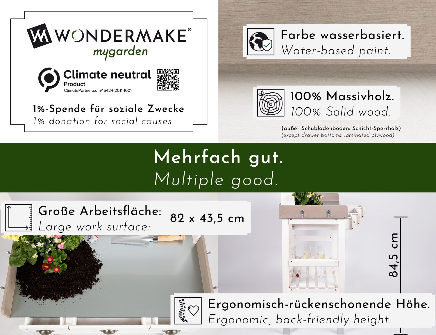WONDERMAKE - Grote witte houten pottentafel met 3 lades, weerbestendig, XL tuinwerktafel voor buiten op balkons, hoogwaardige tuintafel, wit/grijs